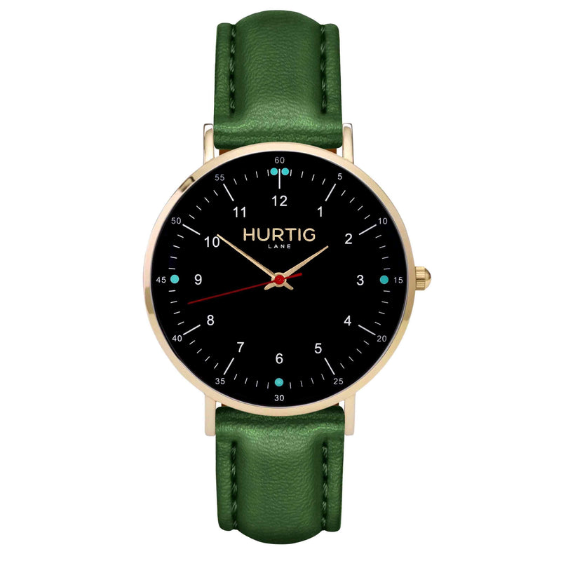 hurtig lane vegan leather watch gold, black & green vegane uhren