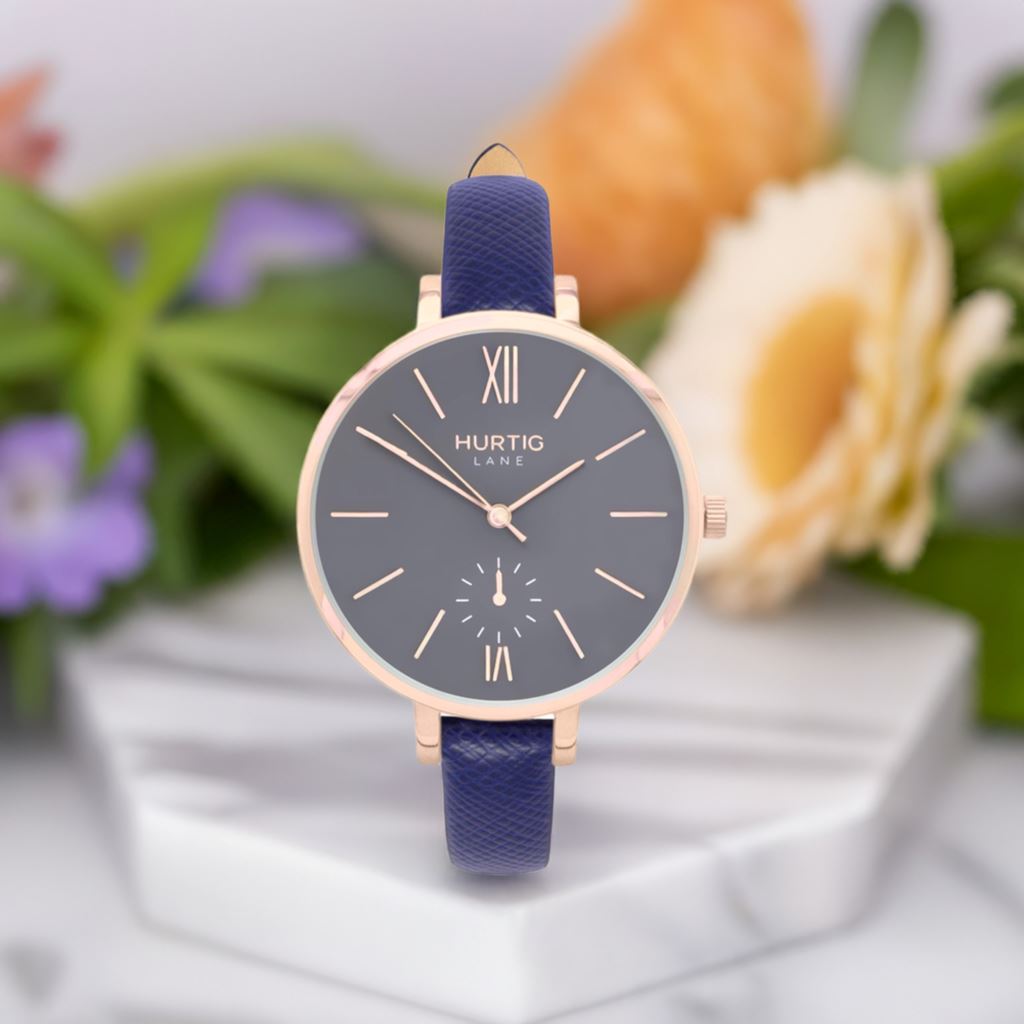 Amalfi Petite Vegan Leather Watch Rose Gold, Grey & Marine Blue - Hurtig Lane - sustainable- vegan-ethical- cruelty free