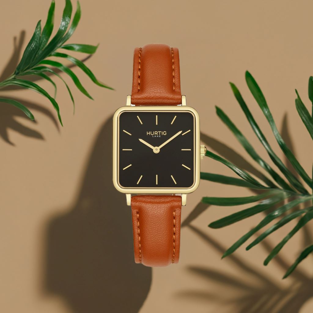 Neliö Square Vegan Leather Gold/Black/Tan Watch Hurtig Lane Vegan Watches