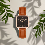 Neliö Square Vegan Leather Watch Rose Gold, Black & Tan Watch Hurtig Lane Vegan Watches