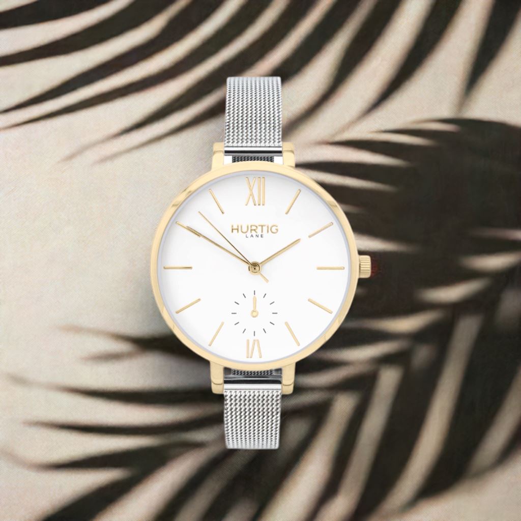 Amalfi Petite Stainless Steel Watch Gold, White & Silver Watch Hurtig Lane Vegan Watches