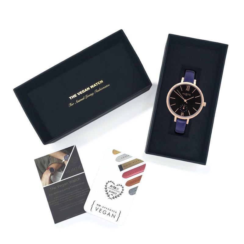 Amalfi Petite Vegan Leather Rose Gold/Black/Marine Blue Watch Hurtig Lane Vegan Watches