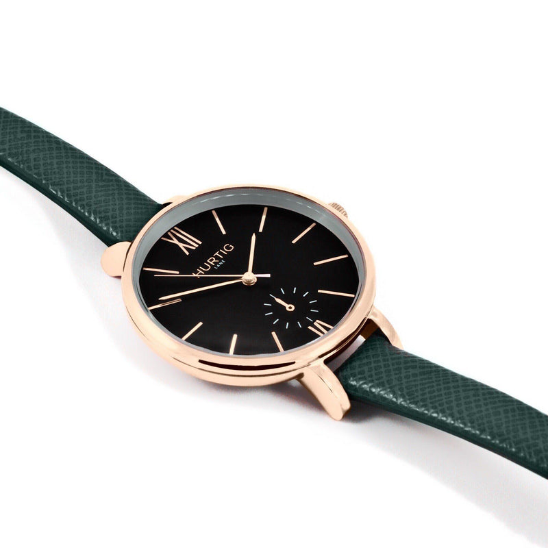 Amalfi Petite Vegan Leather Rose Gold/Black/Forest Green Watch Hurtig Lane Vegan Watches