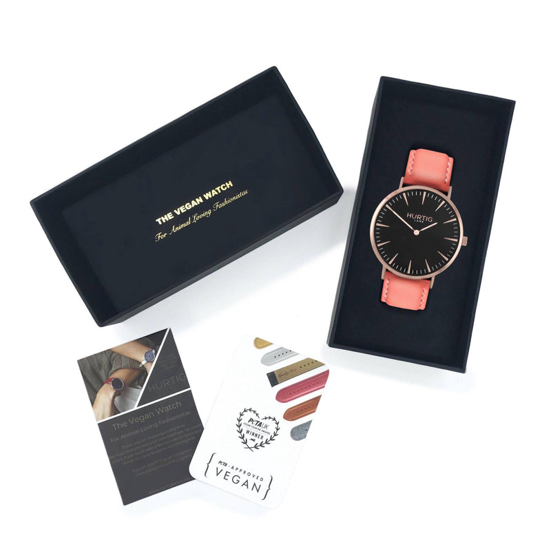 Mykonos Vegan Leather Rose Gold/Black/Coral Watch Hurtig Lane Vegan Watches
