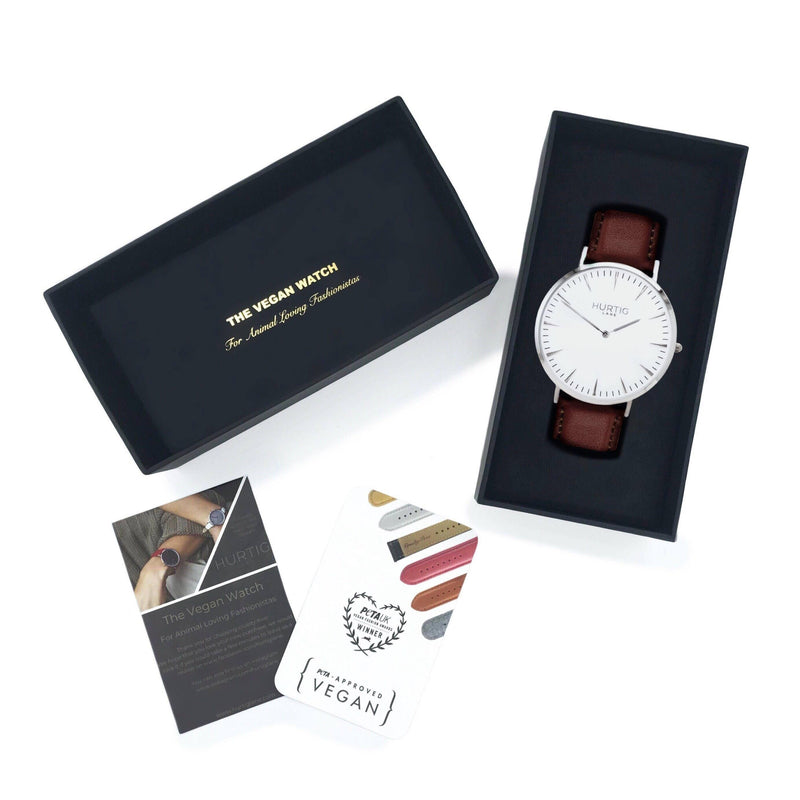 Mykonos Vegan Leather Silver/White/Chestnut Watch Hurtig Lane Vegan Watches