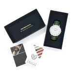 Vegan watch gift set silver /white with green leather straps
