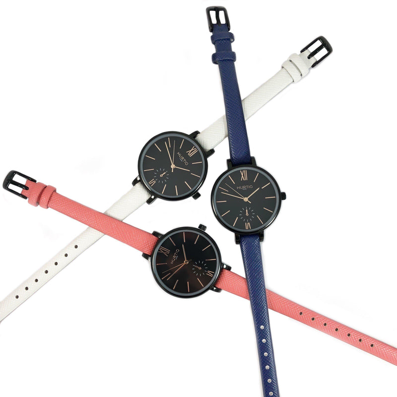 Amalfi Petite Vegan Leather Black/Black/Coral Watch Hurtig Lane Vegan Watches