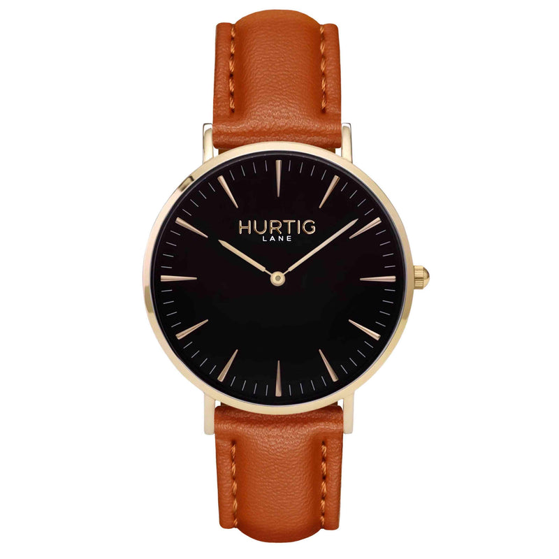 Mykonos Vegan Leather Watch Gold, Black and tan Watch Hurtig Lane Vegan Watches