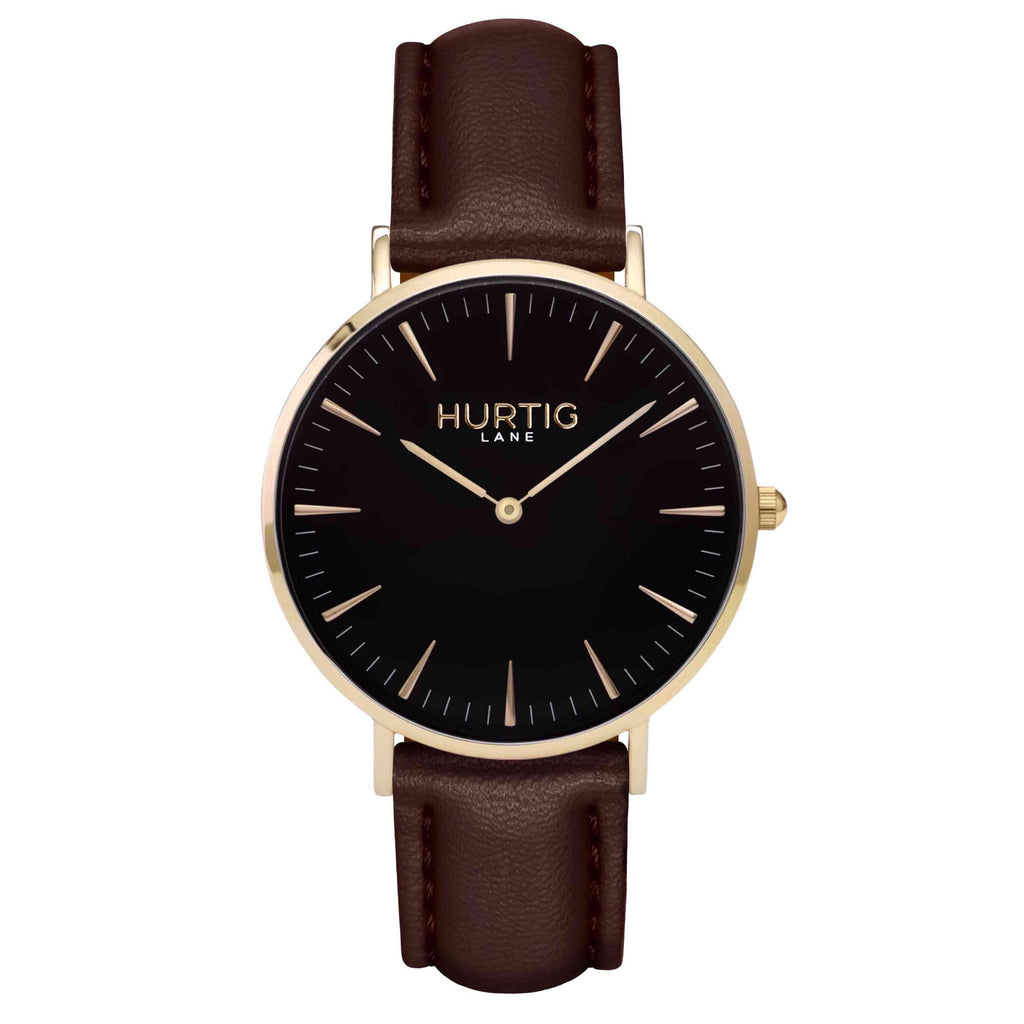 Mykonos Vegan Leather Watch Gold, Black and chestnut brown Watch Hurtig Lane Vegan Watches