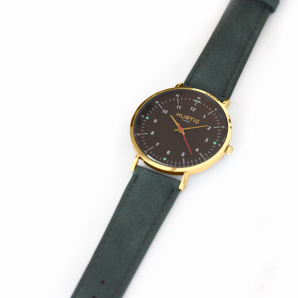 Moderna Vegan Suede Gold, Black & Forest Green Watch Hurtig Lane Vegan Watches