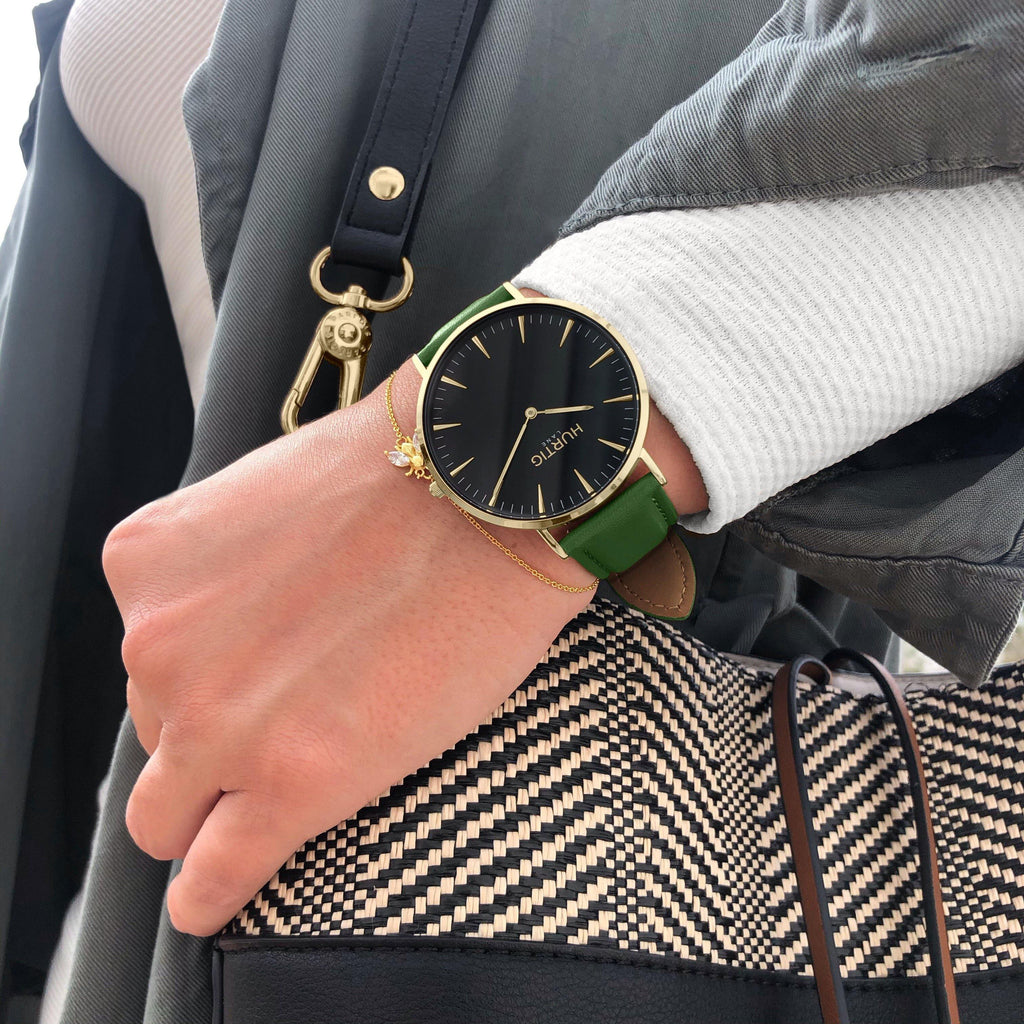 Mykonos Vegan Leather Watch Gold, Black and green Watch Hurtig Lane Vegan Watches