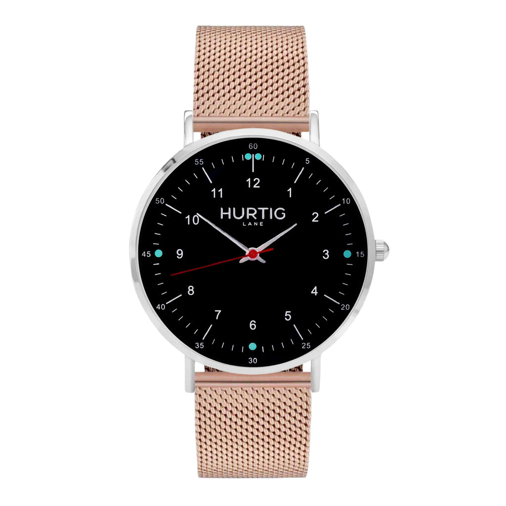 Moderno Stainless Steel Watch Silver, Black & Rose Gold - Hurtig Lane - sustainable- vegan-ethical- cruelty free