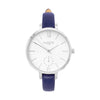 minimalist ethical watch, silver, white and blue vegan leather petite women's vegan watch