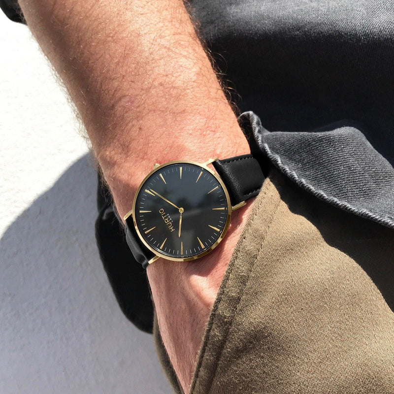 men's vegan leather watch in gold and black