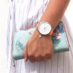 women's vegan leather watch, silver and coral pink