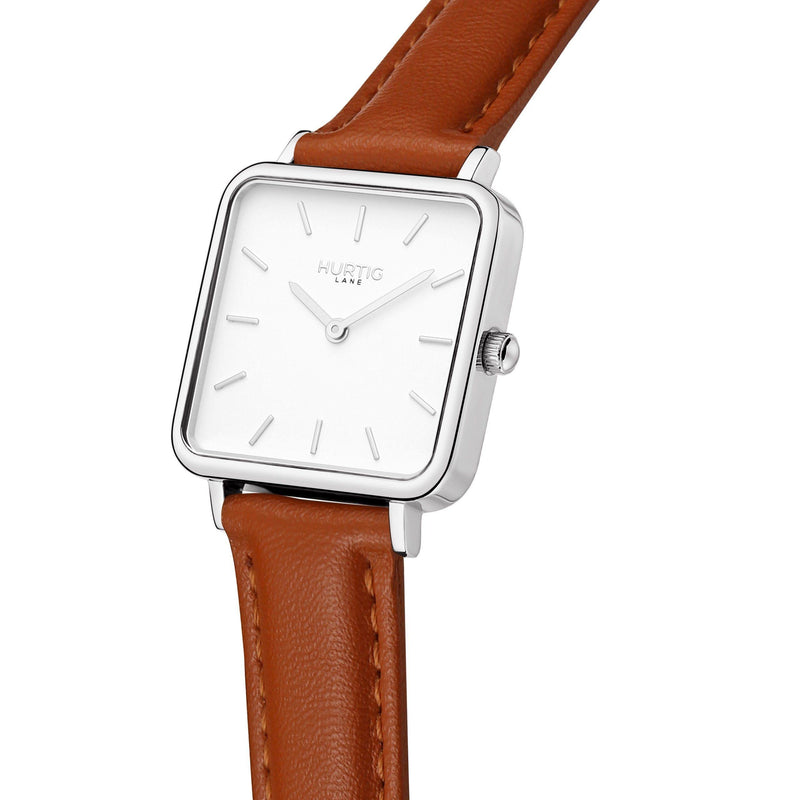 Silver and tan vegan square watch