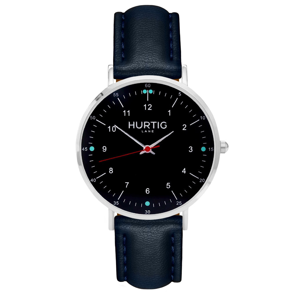 silver and blue men's vegan watch