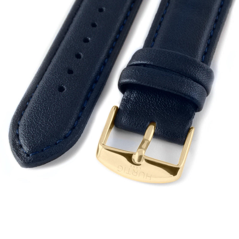 blue vegan watch band with gold buckle