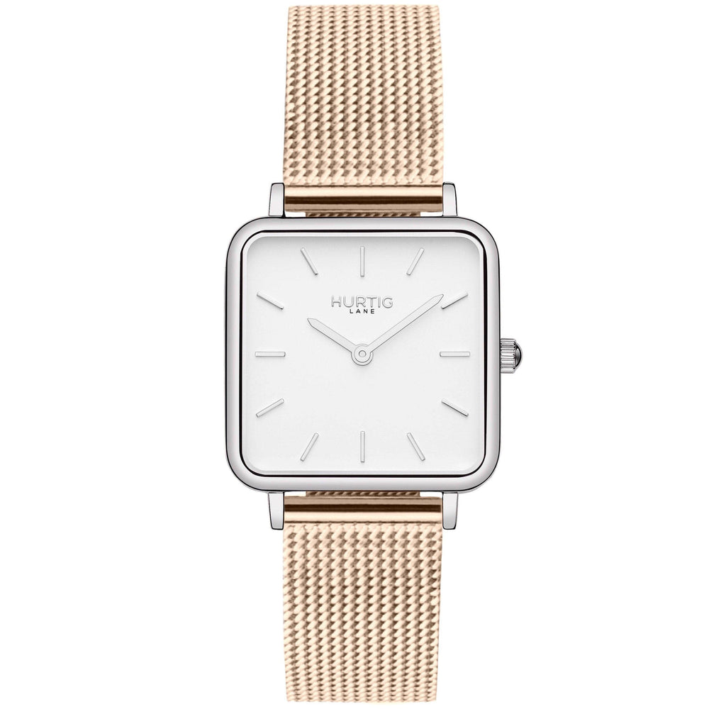 Neliö Square Stainless Steel Watch Silver, White & Rose Gold Watch Hurtig Lane Vegan Watches
