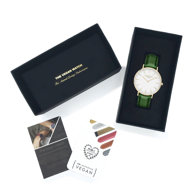 Mykonos Vegan Leather Watch Gold, White & Green Watch Hurtig Lane Vegan Watches
