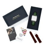 Vegan gift set Neliö Square Vegan Leather Watch Silver/White/Green and Chestnut strap Watch Hurtig Lane Vegan Watches
