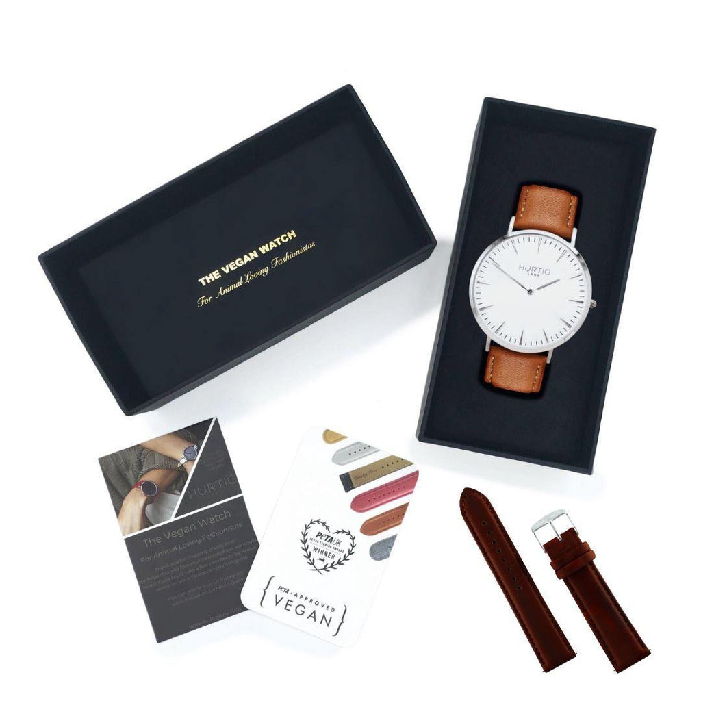 Vegan gift set Mykonos Vegan Leather Watch Silver/White/Tan and Chestnut watch strap Watch Hurtig Lane Vegan Watches